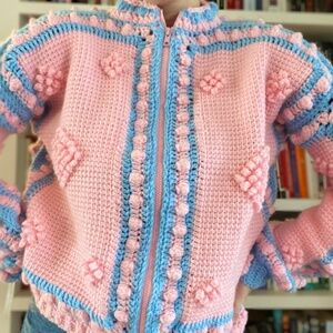 Handmade Upcycled Crochet Cropped Sweater | Pink & Blue | Size M | One of a Kind